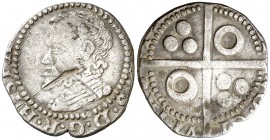 1(596). Felipe II. Barcelona. 1 croat. (Cal. 606) (Cru.C.G. 4246). 2,37 g. Recortada. Raya. BC+.