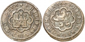 1602. Felipe III. Segovia. 8 maravedís. (Cal. 750). 6 g. Sin ceca ni valor. MBC.