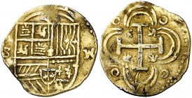 s/d. Felipe III. Sevilla. M (al revés). 2 escudos. (Barrera falta). 3,10 g. Falsa de época. Muy curiosa. (MBC-).