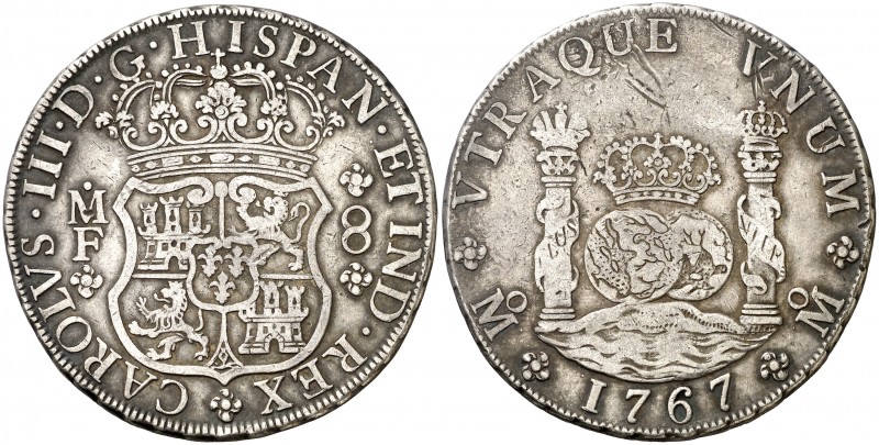 1767. Carlos III. México. MF. 8 reales. (Cal. 906). 26,78 g. Columnario. Rayitas...