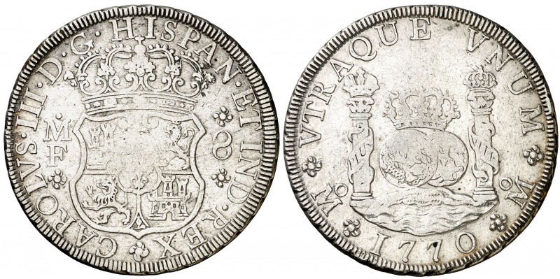 1770. Carlos III. México. MF. 8 reales. (Cal. 910). 26,82 g. Columnario. BC+.