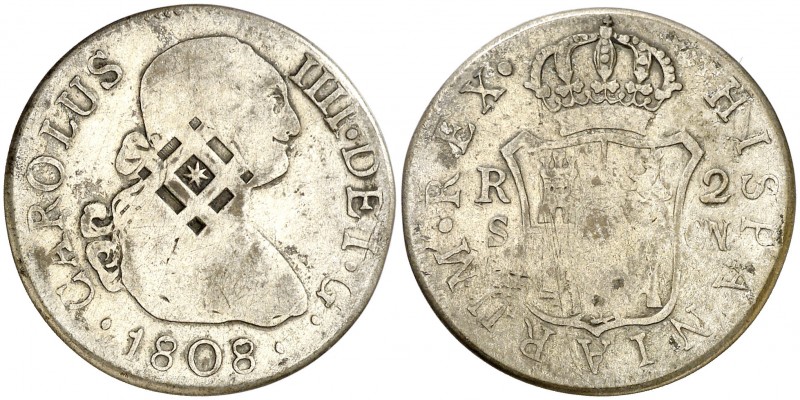 (1841). 5,35 g. Resello de Vique (Cuba) (De Mey 481) sobre 2 reales de Carlos IV...