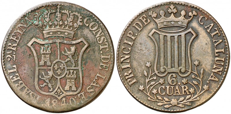 1840. Isabel II. Barcelona. 6 cuartos. (Cal. 688). 13,11 g. MBC/MBC+.