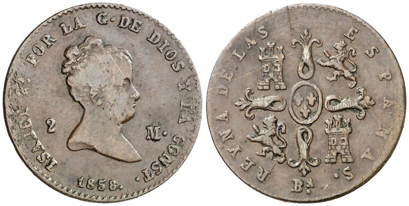 1858. Isabel II. Barcelona. 2 maravedís. (Cal. 538). 2,08 g. Rayitas. BC+/MBC-.