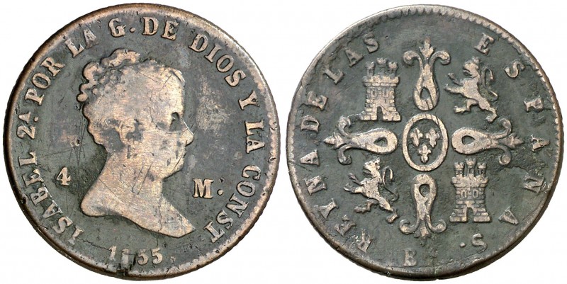 1855. Isabel II. Barcelona. 4 maravedís. (Cal. 509). 5,54 g. Rayitas. BC+.