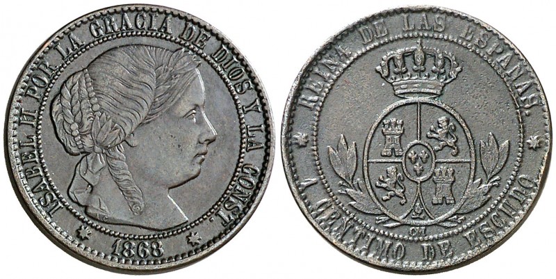 1868. Isabel II. Sevilla. OM. 1 céntimo de escudo. (Cal. 667). 2,65 g. MBC.