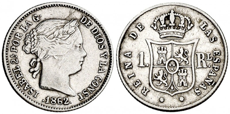 1862. Isabel II. Barcelona. 1 real. (Cal. 406). 1,31 g. MBC-.