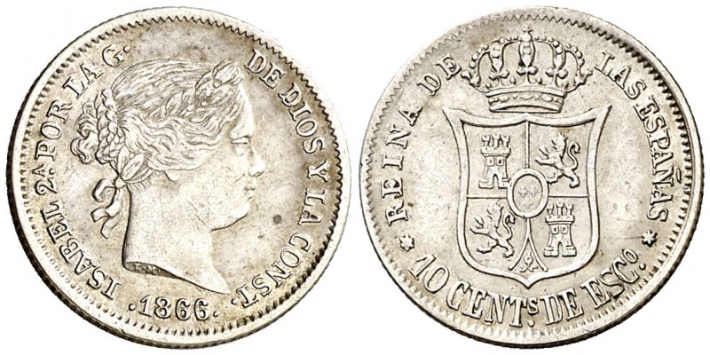 1866. Isabel II. Madrid. 10 céntimos de escudo. (Cal. 446). 1,31 g. MBC/MBC+.