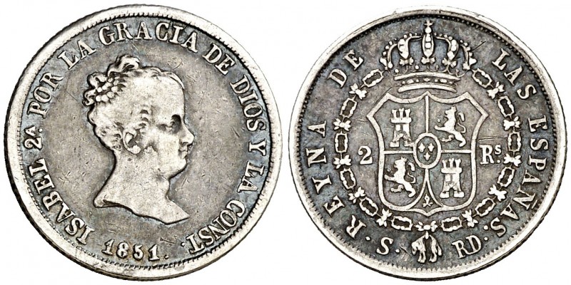 1851. Isabel II. Sevilla. RD. 2 reales. (Cal. 379). 2,51 g. BC+/MBC-.