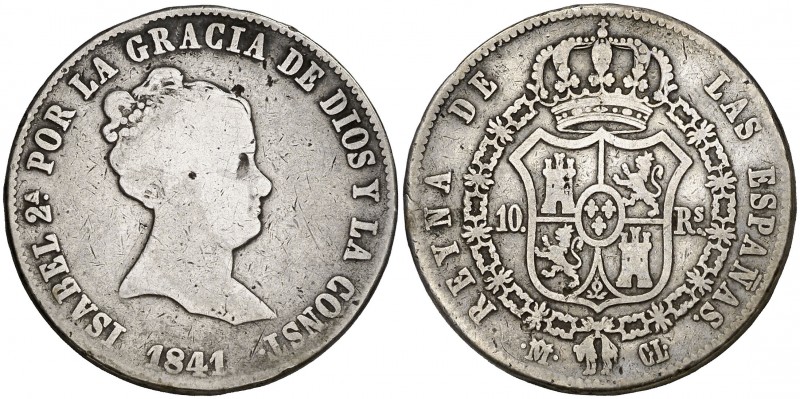 1841. Isabel II. Madrid. CL. 10 reales. (Cal. 217). 13,09 g. Rara. BC.