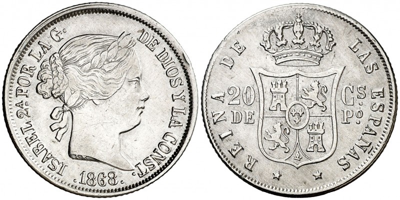 1868. Isabel II. Manila. 20 centavos. (Cal. 460). 5,10 g. Limpiada. (MBC+/MBC).