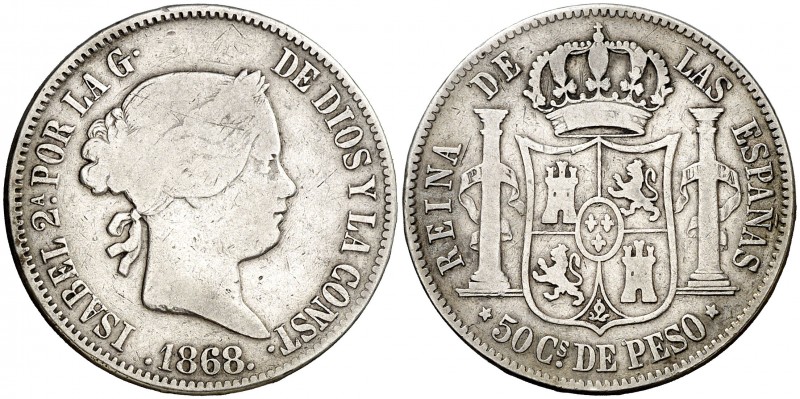 1868. Isabel II. Manila. 50 centavos. (Cal. 455). 12,74 g. BC+.