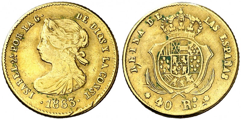 1863. Isabel II. Madrid. 40 reales. (Barrera falta). 3,51 g. Falsa de época en p...