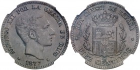 1877. Alfonso XII. Barcelona. OM. 10 céntimos. (Cal. 8). En cápsula de la NGC como AU Details, nº 4706274-005. EBC-.
