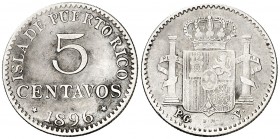 1896. Alfonso XIII. Puerto Rico. PGV. 5 centavos. (Cal. 86). 1,19 g. MBC-.