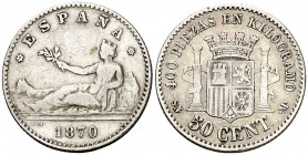 1870*70. Gobierno Provisional. SNM. 50 céntimos. (Cal. 20). 2,48 g. BC+/MBC-.