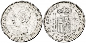 1889*89. Alfonso XIII. MPM. 50 céntimos. (Cal. 54). 2,51 g. Impurezas. EBC-/EBC.