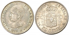 1892*92. Alfonso XIII. PGM. 50 céntimos. (Cal. 55). 2,55 g. Preciosa pátina. EBC+.