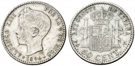 1896*96. Alfonso XIII. PGV. 50 céntimos. (Cal. 59). 2,47 g. MBC-.