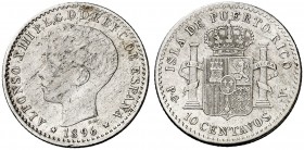 1896. Alfonso XIII. Puerto Rico. PGV. 10 centavos. (Cal. 85). 2,47 g. MBC-/MBC.