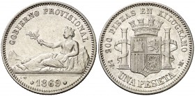 1869. Gobierno Provisional. SNM. 1 peseta. (Cal. 14). 4,93 g. GOBIERNO PROVISIONAL. Buen ejemplar. MBC+.