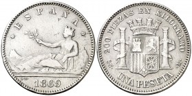1869*1869. Gobierno Provisional. SNM. 1 peseta. (Cal. 15). 4,82 g. ESPAÑA. Rara. MBC-.