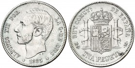 1885*1886. Alfonso XII. MSM. 1 peseta. (Cal. 62). 5 g. Golpecitos. Buen ejemplar. MBC+.