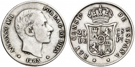 1883. Alfonso XII. Manila. 20 centavos. (Cal. 90). 5,13 g. Dos rayitas. MBC-/MBC.
