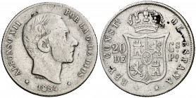 1884. Alfonso XII. Manila. 20 centavos. (Cal. 91). 4,80 g. Escasa. BC+.