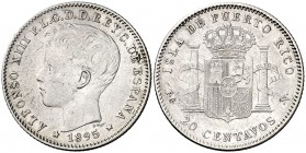 1895. Alfonso XIII. Puerto Rico. PGV. 20 centavos. (Cal. 84). 4,97 g. Escasa. MBC/MBC-.