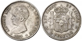 1889*1889. Alfonso XIII. MPM. 2 pesetas. (Cal. 29). 9,91 g. Golpecito. MBC+/MBC.