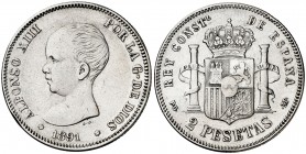 1891*1891. Alfonso XIII. PGM. 2 pesetas. (Cal. 31). 10,03 g. Limpiada. Golpecitos. Escasa. MBC/MBC-.