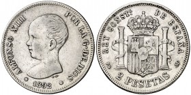 1892*1892. Alfonso XIII. PGM. 2 pesetas. (Cal. 39). 9,87 g. MBC-.