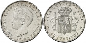 1896. Alfonso XIII. Puerto Rico. PGV. 40 centavos. (Cal. 83). 9,97 g. Golpecitos. Limpiada. Escasa. (MBC/MBC+).