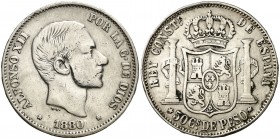 1880. Alfonso XII. Manila. 50 centavos. (Cal. 78). 12,59 g. Limpiada. Escasa. BC/BC+.