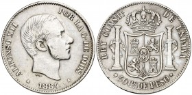 1884. Alfonso XII. Manila. 50 centavos. (Cal. 84). 12,79 g. Escasa. MBC-/MBC.