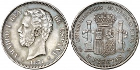 1871*1874. Amadeo I. DEM. 5 pesetas. (Cal. 10). 24,94 g. Pátina. MBC.