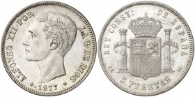 1877*1877. Alfonso XII. DEM. 5 pesetas. (Cal. 28). 24,89 g. Leves rayitas. Buen ejemplar. MBC+.