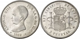 1889*1889. Alfonso XIII. MPM. 5 pesetas. (Cal. 14). 24,84 g. Parte de rayitas. Brillo original. MBC+/EBC-.