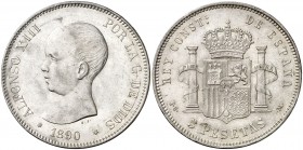 1890*1890. Alfonso XIII. PGM. 5 pesetas. (Cal. 16). 24,91 g. Leves marquitas. Parte de brillo original. EBC-.