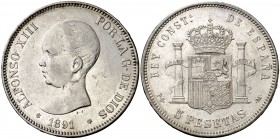 1891*1891. Alfonso XIII. PGM. 5 pesetas. (Cal. 17). 24,84 g. Rayitas. Parte de brillo original. (MBC+).