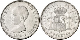 1892*1892. Alfonso XIII. PGM. 5 pesetas. (Cal. 18). 24,96 g Tipo "pelón". Rayitas. MBC-/MBC.