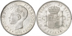 1896*1896. Alfonso XIII. PGV. 5 pesetas. (Cal. 25). 25 g. Leves marquitas. Brillo original. EBC.