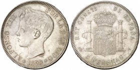 1898*1898. Alfonso XIII. SGV. 5 pesetas. (Cal. 27). 25,16 g. Leves marquitas. Bonita pátina. EBC/EBC+.