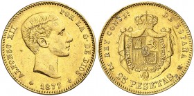 1877*1877. Alfonso XII. DEM. 25 pesetas. (Cal. 3). 8,07 g. Sirvió como joya. (MBC).
