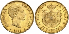 1877*1877. Alfonso XII. DEM. 25 pesetas. (Cal. 3). 8,07 g. Dos punzonadas. (EBC-).