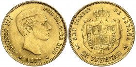 1877. Alfonso XII. DEM. 25 pesetas. (Barrera falta). 8,04 g. Falsa de época en oro bajo. (MBC+).