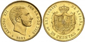 1881*1881. Alfonso XII. MSM. 25 pesetas. (Cal. 14). 8,08 g. Leves marquitas. Brillo original. EBC+.