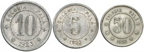 Puigreig. Colonia Palà. ¿5, 10 y 50 céntimos?. (AL. 3122 a 3124). Lote de 3 monedas, serie completa. Escasas. MBC-/MBC+.