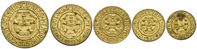 Menorca. 5, 10, 25 céntimos, 1 y 2'50 pesetas. (Cal. 12). Latón. Lote de 5 monedas, serie completa. MBC/EBC.